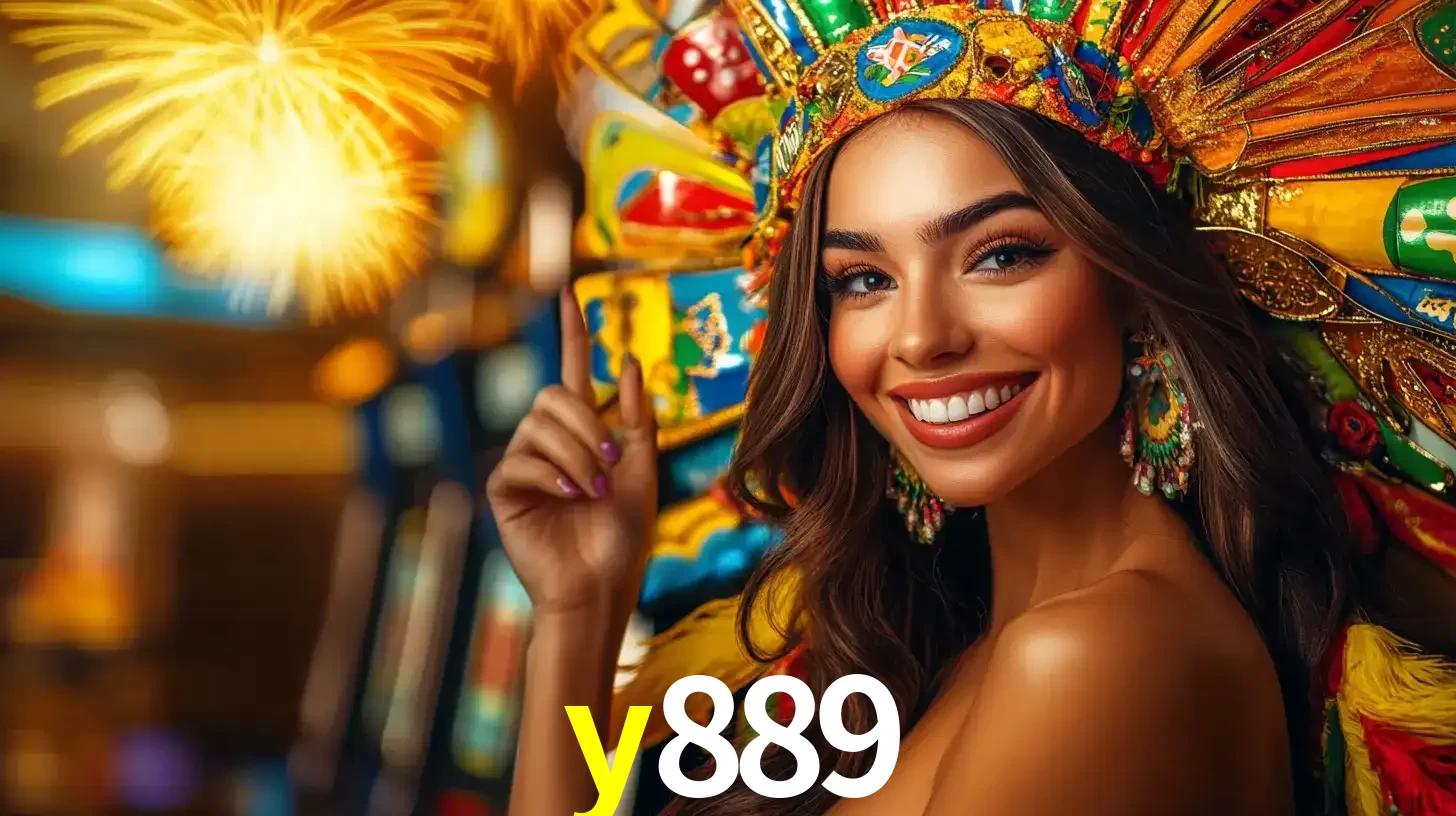 Mulher sorridente com um cocar de carnaval vibrante e colorido, celebrando uma grande vitória nos jogos do cassino y889 com fogos de artifício ao fundo.