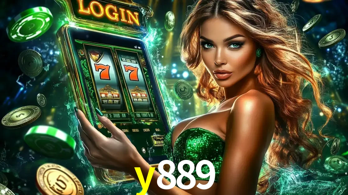 Mulher com tema verde apresentando o aplicativo do cassino y889 com um jogo de slot de 777, cercada por fichas de cassino e uma aura de sorte.