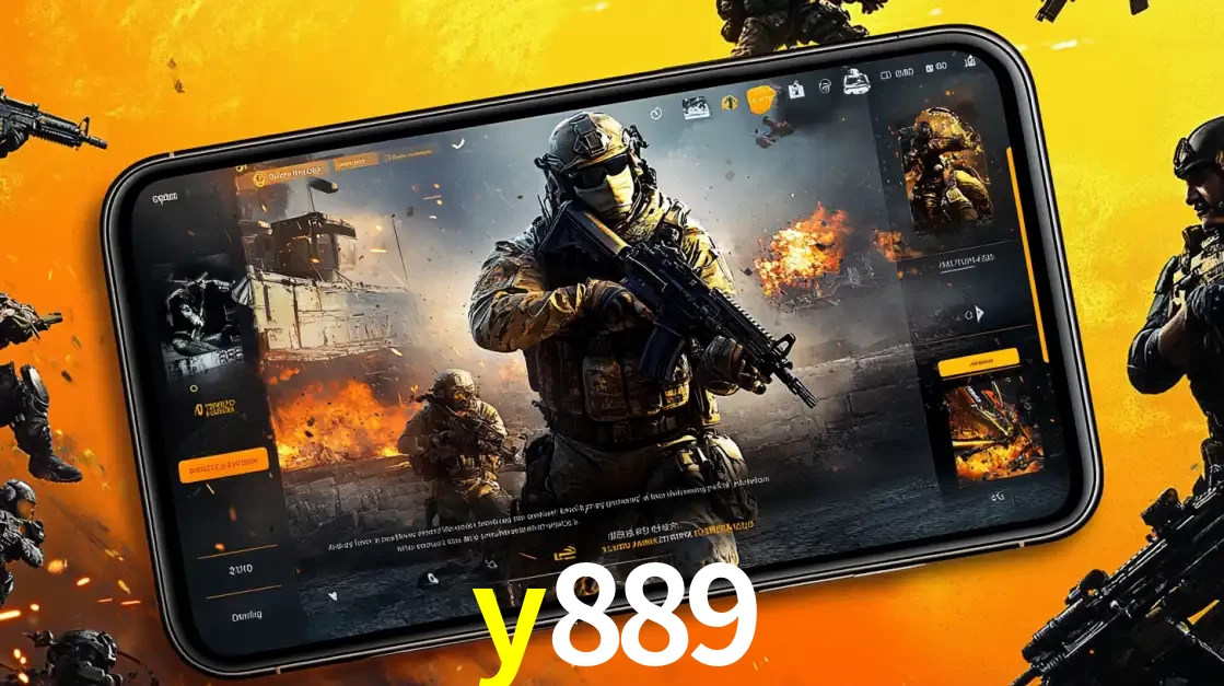 Um smartphone exibindo a interface de um jogo de tiro em primeira pessoa, com um soldado em um cenário de batalha, representando a ação dos e-sports para apostar no y889.