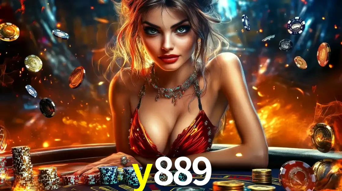 Mulher em uma mesa de cassino com pilhas de fichas e um fundo de fogo, pronta para uma rodada de altas apostas nos jogos de mesa emocionantes do cassino y889.