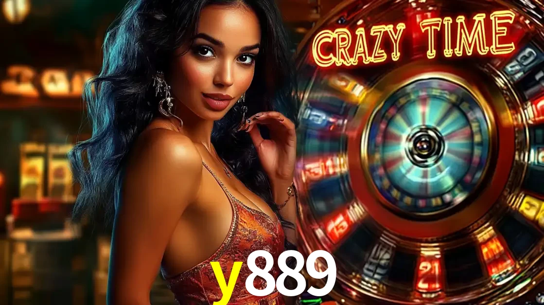 Mulher elegante ao lado da vibrante roda da fortuna do jogo de cassino ao vivo Crazy Time, um dos game shows mais populares e cheios de prêmios do y889.
