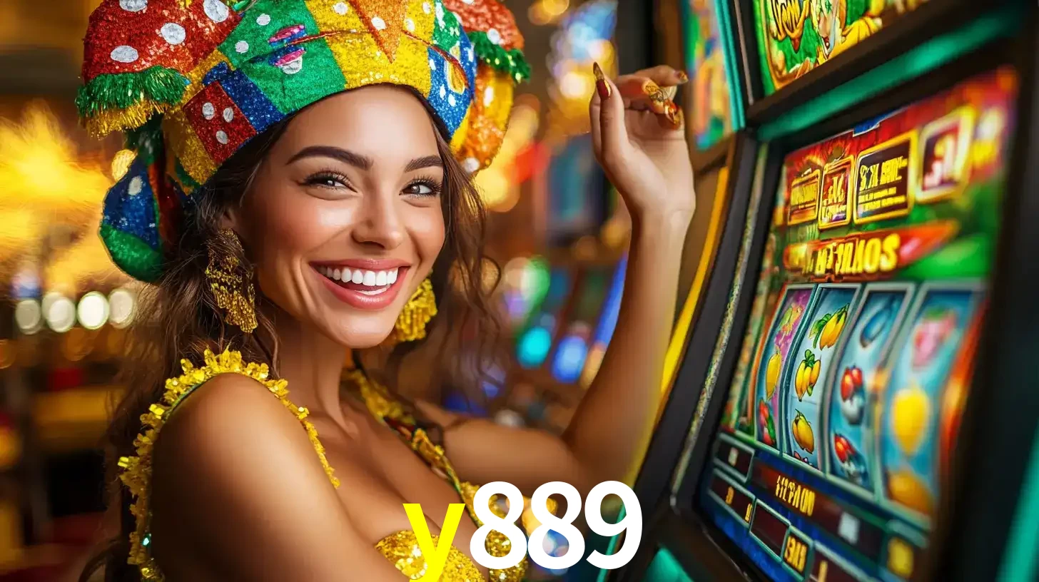 Mulher feliz com traje de carnaval amarelo e colorido ao lado de uma máquina de caça-níqueis, aproveitando a diversão e os jogos temáticos do cassino y889.