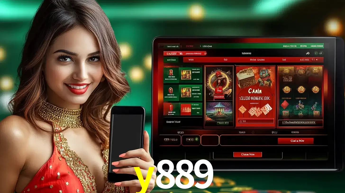 Mulher sorridente segurando um smartphone, ao lado de uma tela exibindo o lobby de jogos do cassino online y889, com várias opções de jogos de cartas e slots.